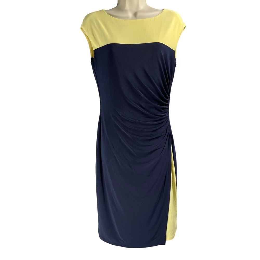 Lauren Ralph Lauren Dress Womens 6 Navy Yellow Draped Ruched Stretch Jersey
